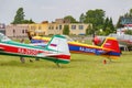 Balashikha, Moscow region, Russia - May 25, 2019: Sports and aerobatic aircrafts parked on a green grass of airfield Chyornoe at
