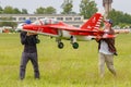 Balashikha, Moscow region, Russia - May 25, 2019: Team members of Aviation Sports Club RusJet carry a RC model of Russian jet