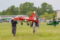 Balashikha, Moscow region, Russia - May 25, 2019: Team members of Aviation Sports Club RusJet carry a RC model of Russian jet