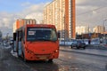 Spring is in the city. Bus stopped next to a public transport stop. Balashikha, Moscow oblast, Russia