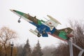 Balashov, Russia - February 12, 2021: Plane-monument L-39 Albatross in the city of Balashov