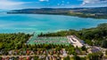 Balatonfuzfo, Hungary - Aerial view of yacht marina at Balatonfuzfo on a sunny summer day with beautiful turquoise Lake Balaton Royalty Free Stock Photo