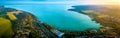 Balatonfuzfo, Hungary - Panoramic aerial skyline view of the Fuzfoi-obol of Lake Balaton at sunset