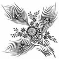 Black and white peacock feather design with flowers Royalty Free Stock Photo