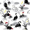 Balck and white Seamless pattern of swans in the lake with red a