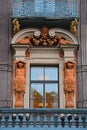 Balcon with statues of house of the merchant Utin in Saint Petersburg, Russia