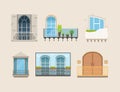 Balconies with doors and windows set. Classic, retro, modern house facade exterior elements flat vector Royalty Free Stock Photo