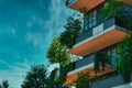 Balconies full with trees, plants on the Vertical Forest Bosco Verticale Innovative Green House Skyscraper representing