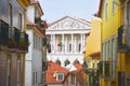 Balconies of old and colorful buildings on Travessa da Arrochela street on a sunny day in summer. Assembly of the Republic Royalty Free Stock Photo