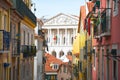 Balconies of old and colorful buildings on Travessa da Arrochela street on a sunny day in summer. Assembly of the Republic Royalty Free Stock Photo