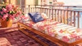 Watercolorist Balcony With Bed, Blossoms, And Manga Style Royalty Free Stock Photo