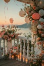 A balcony is adorned with candles and flowers, creating a romantic ambiance