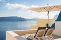 Balcony with an amazing view in Oia village, Santorini, Greece. Royalty Free Stock Photo
