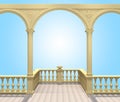 Balcony with balustrade, columns, arches and vase, 3D rendering