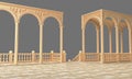 Balcony with balustrade and portico passage, columns, arches and