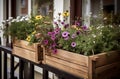 Balcony boxes flowers warm garden. Generate Ai