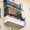 Balcony with colorful flowers in pots Royalty Free Stock Photo
