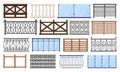 Balcony fence. Wooden, stone and stainless steel handrails, home terrace fencing isolated vector illustration set