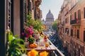 A balcony filled with colorful flowers and potted plants, creating a lively and inviting outdoor space, A balcony setting