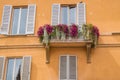 Balcony with flower pots and shuttered windows, Bologna ITALY Royalty Free Stock Photo