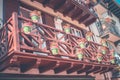 Balcony with flowers in hondarribia, Pais Vasco, Getaria, Euskal Herria, Spain Royalty Free Stock Photo