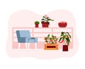 Balcony garden with plants and furniture, cartoon vector illustration isolated.