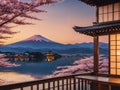 Balcony house japanese with outdoor view sunset, cherry blossom, sakura, fuji mount, lake beautiful background - generated by ai Royalty Free Stock Photo