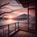 Balcony house japanese with outdoor view sunset, cherry blossom, sakura, fuji mount, lake beautiful background - generated by ai Royalty Free Stock Photo