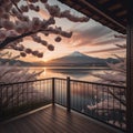 Balcony house japanese with outdoor view sunset, cherry blossom, sakura, fuji mount, lake beautiful background - generated by ai Royalty Free Stock Photo