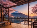 Balcony house japanese with outdoor view sunset, cherry blossom, sakura, fuji mount, lake beautiful background - generated by ai Royalty Free Stock Photo