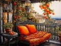 balcony interior, round metal table, sofa with orange pillows and blanket