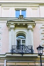 Balcony in an old building with forged metal fence. Petrovsky pereulok 1/30ÃÂ1. Moscow. Russia.