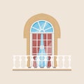 Balcony with stone balusters and arched window vector Illustration