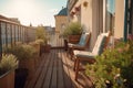 Balcony terrace with chairs and natural decoration in the morning sunlit. Generate ai
