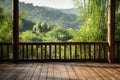 Balcony view of the bamboo forest, blurred mountains in the background. Generative AI