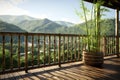 Balcony view of the bamboo forest, blurred mountains in the background. Generative AI
