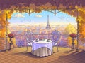 Balcony with a view of Paris. Romantic breakfast for a couple of lovers. Autumn morning, coffee with croissants, pigeons in the sk Royalty Free Stock Photo