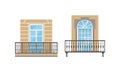 Balcony Windows Colllection, Retro House Facade Design Elements with Metal Forged Fences Vector Illustration