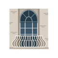 Balcony with wrought iron railing and arched window vector Illustration on a white background