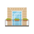 Balcony with wrought iron railing and plants in pots, classical house facade vector Illustration on a white background Royalty Free Stock Photo