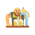 Bald bearded bartender man character standing at the bar counter pouring beer