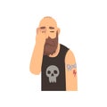 Bald Bearded Man Covering His Face with Hand, Brutal Man Making Facepalm Gesture, Shame, Headache, Disappointment