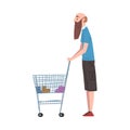 Bald Bearded Man Standing with Shopping Cart, Person Shopping Groceries at Mall or Supermarket Cartoon Style Vector