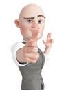 Bald businessman cartoon is doing a gun finger pose