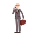 bald businessman is talking on a cellphone