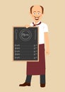 Bald chef with mustache holding menu blackboard with text Royalty Free Stock Photo