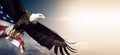 Bald Eagle with American USA flag flying in sunny clear sky. generative ai. Royalty Free Stock Photo