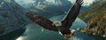 a bald eagle as it soars gracefully over the breathtaking Alaskan wilderness, with snow-capped mountains and dense Royalty Free Stock Photo