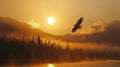 a bald eagle as it soars gracefully over the breathtaking Alaskan wilderness, with snow-capped mountains and dense Royalty Free Stock Photo