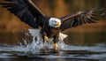 Bald eagle catching fish in mid air, spreading majestic wings generated by AI